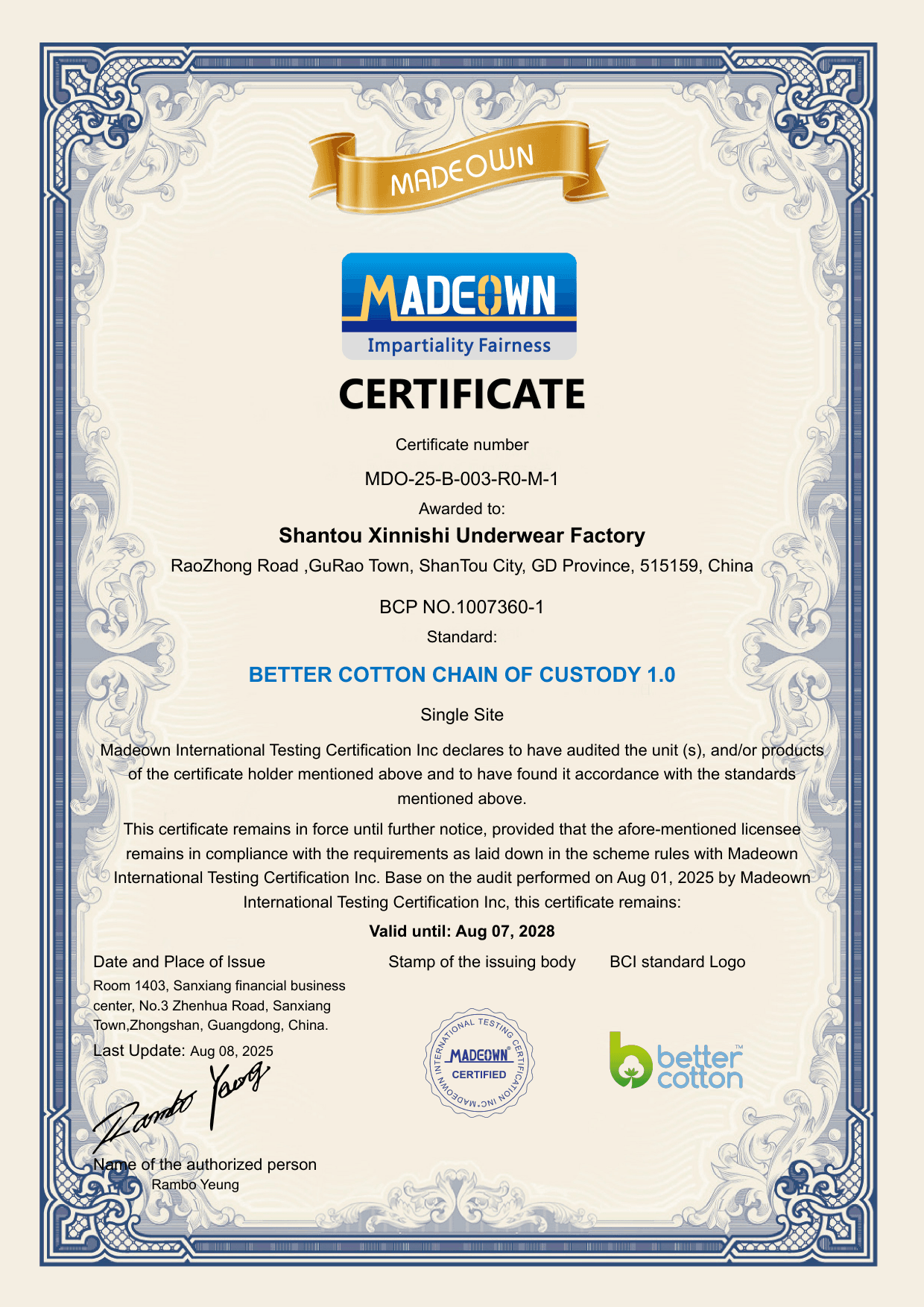Original Better Cotton Chain of Custody certificate issued to Xinnishi