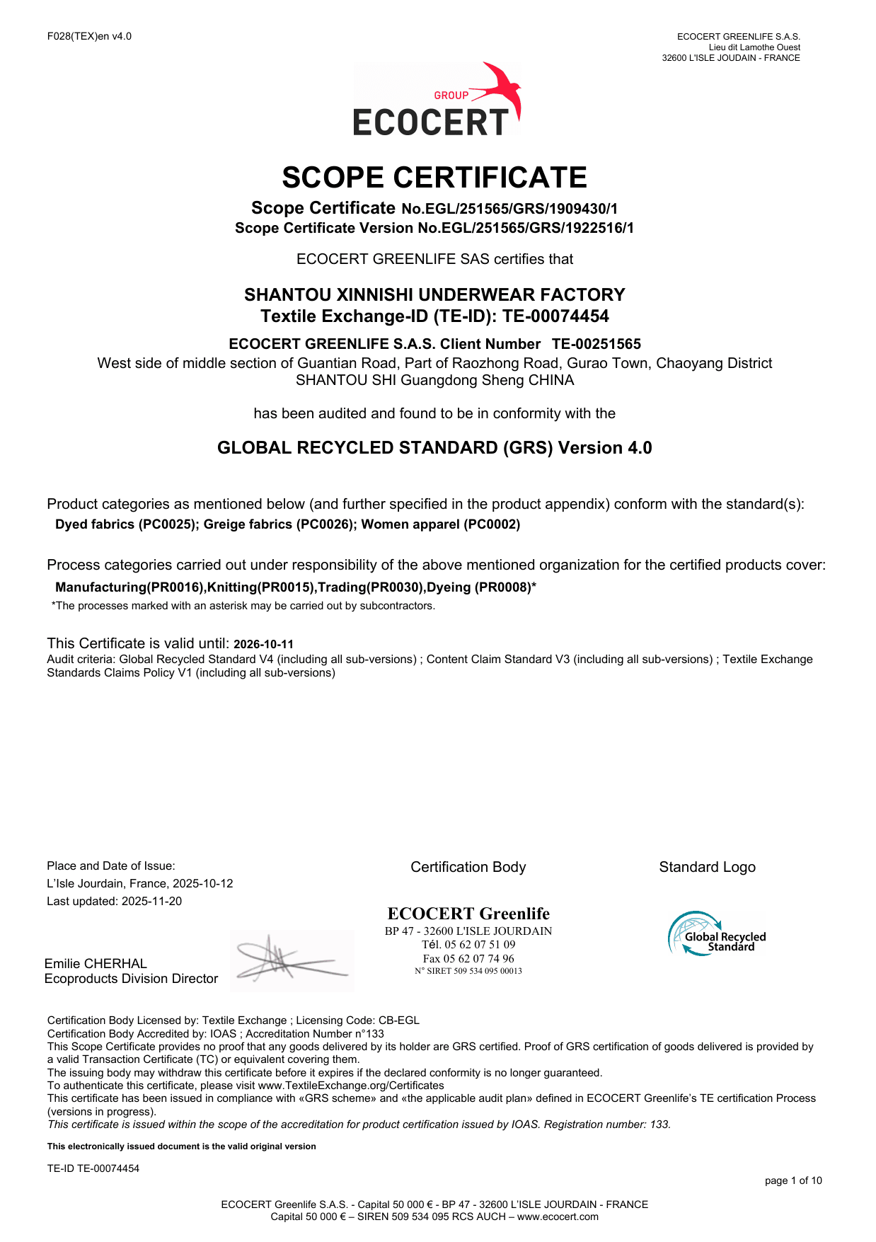 Original Global Recycled Standard scope certificate issued to Xinnishi