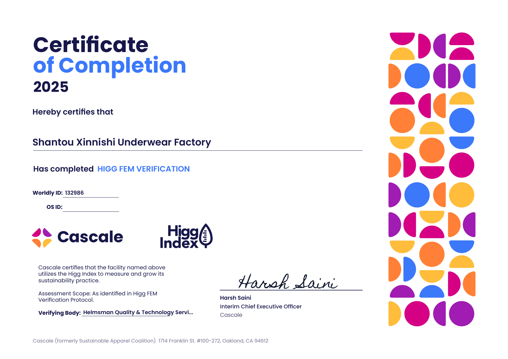 Original Higg FEM verification certificate issued to Xinnishi