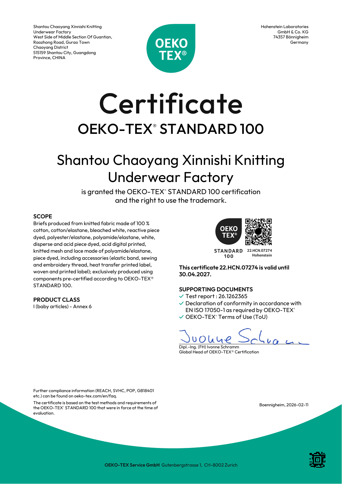 Original OEKO-TEX STANDARD 100 Class I certificate issued to Xinnishi