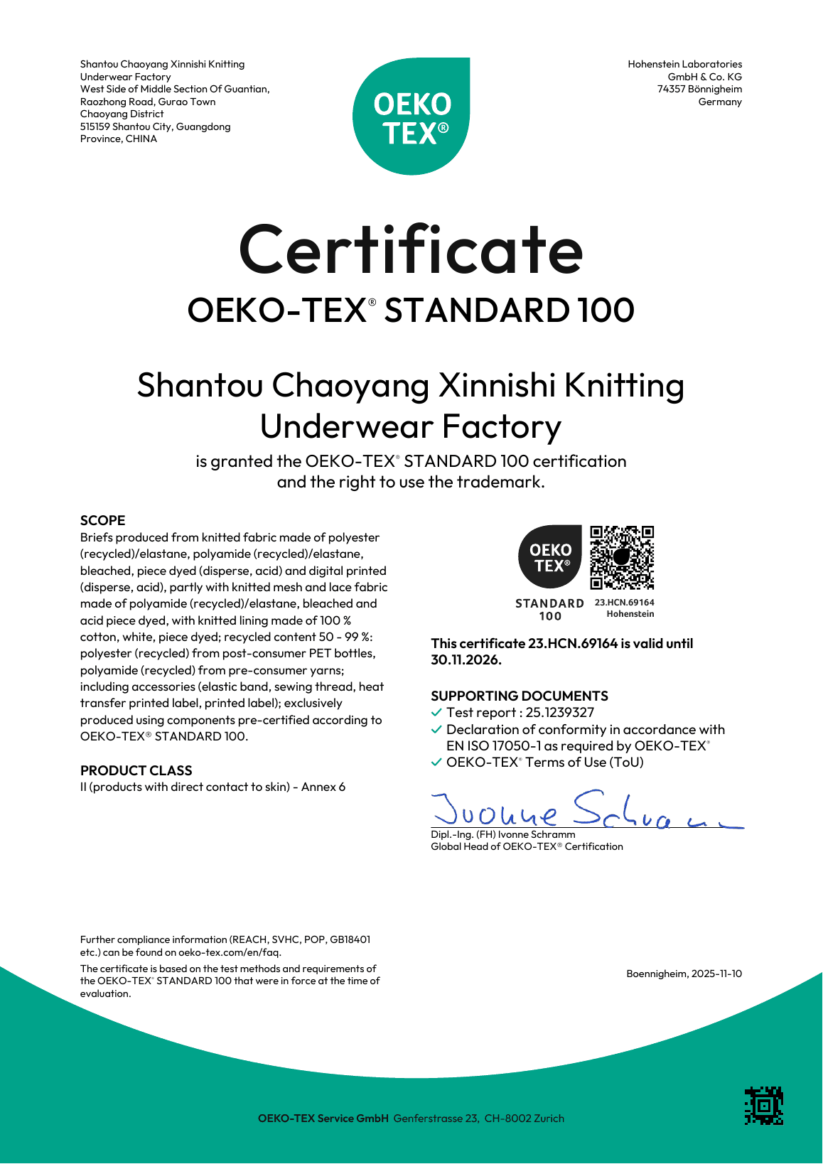 Original OEKO-TEX STANDARD 100 Class II certificate issued to Xinnishi